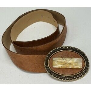VTG Saks Fifth Avenue Brown Leather Belt Size L Chunky Boho Stone Brass Buckle